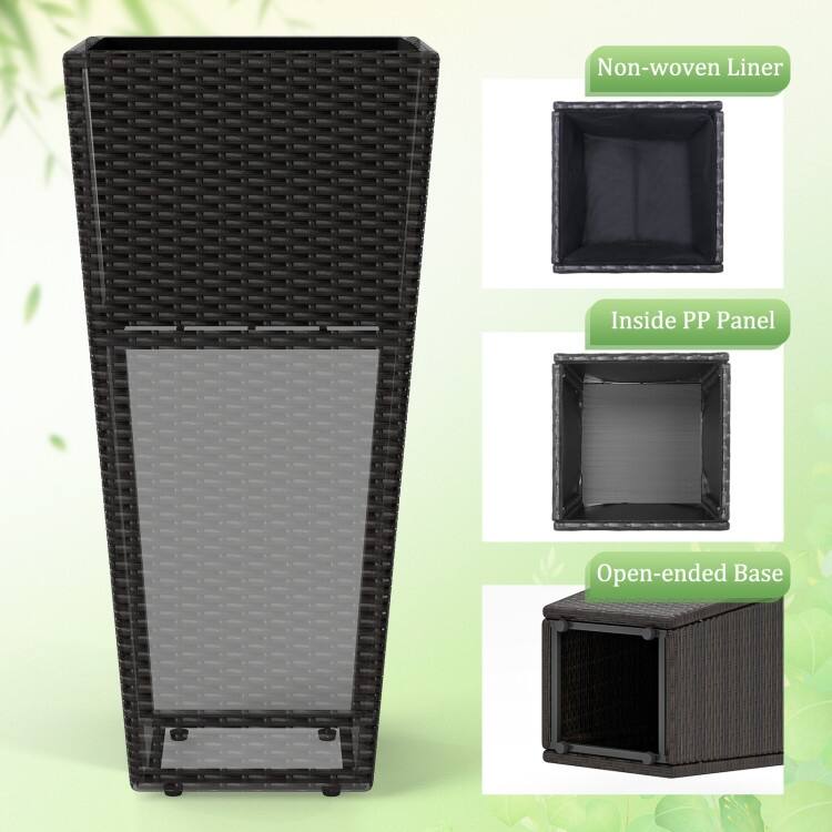 Mix Brown PE Rattan Metal Tall Planter Set of 2 with Drainage and Liner for Patio - 15" x 15" x 30" (L x W x H)