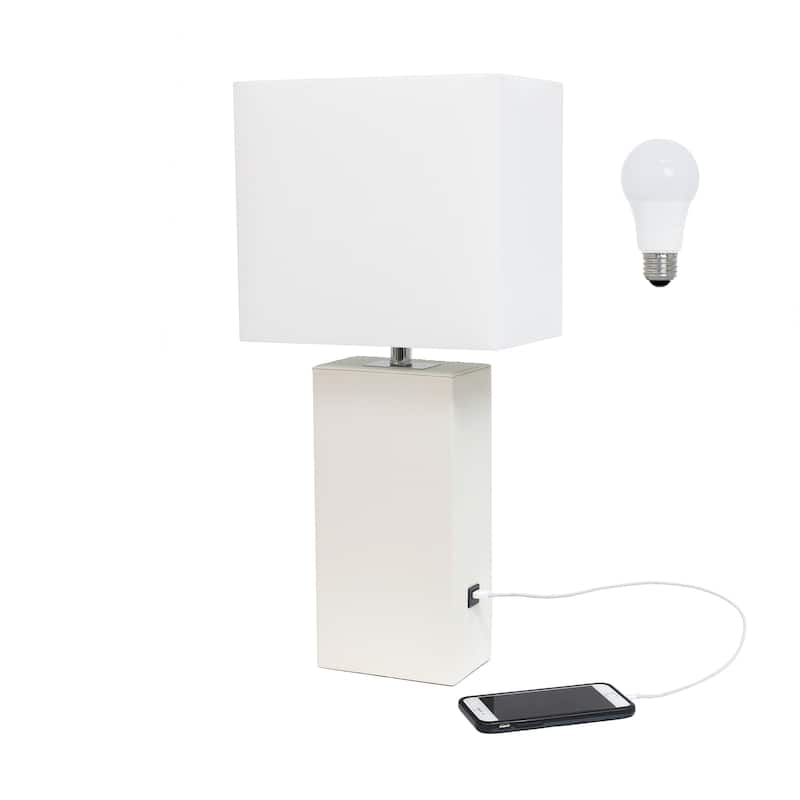 Modern Leather Table Lamp with USB and White Fabric Shade