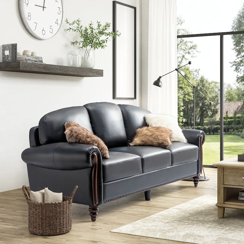 Eduard 84" Traditional Genuine Leather Sofa with Carved Wood Legs by HULALA HOME