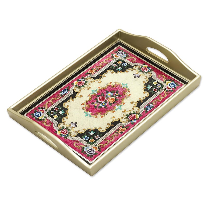 Novica Handmade Heavenly Bouquet In Silver Reverse Painted Glass Tray