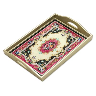 Novica Handmade Heavenly Bouquet In Silver Reverse Painted Glass Tray