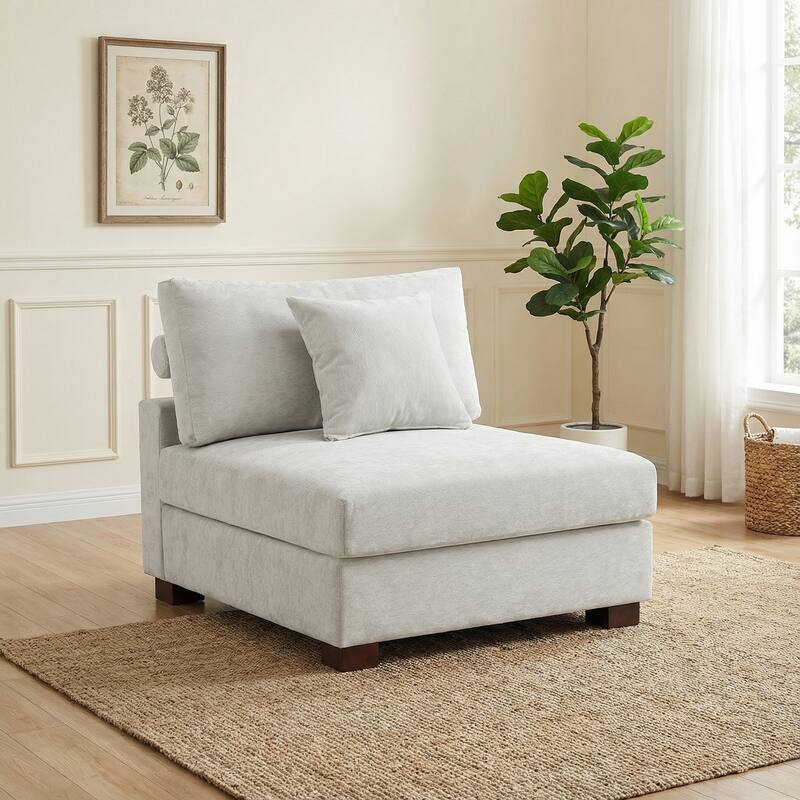 Plush Chenille Single Modular Sectional Sofa Chaise with Pillows - Off-White-Armless - Symmetrical