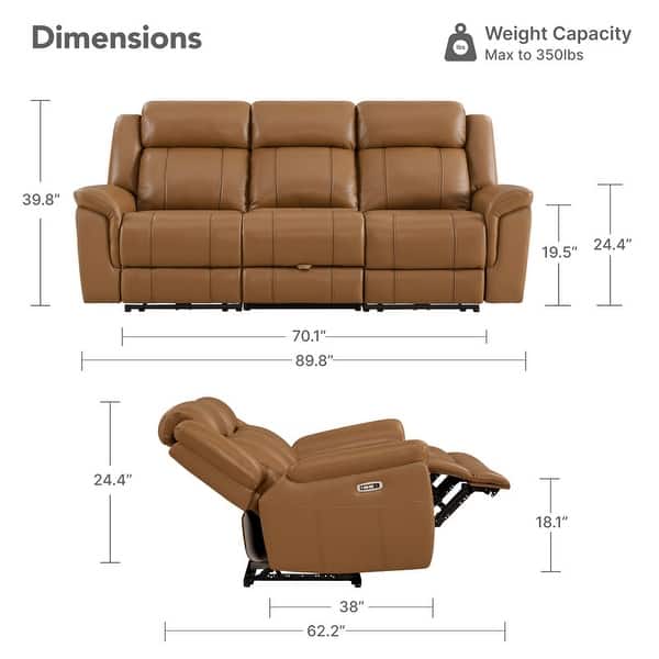 dimension image slide 5 of 8, Spruce & Spring Genuine Leather Power Reclining Sofa with Optional Console & Flip-Down Table