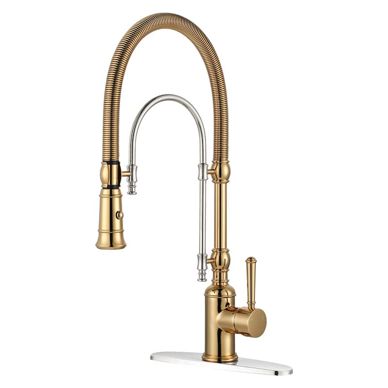 WOWOW Single Handle Gooseneck Pull Down Sprayer Kitchen Faucet - Without Soap Dispenser - Chrome and Gold