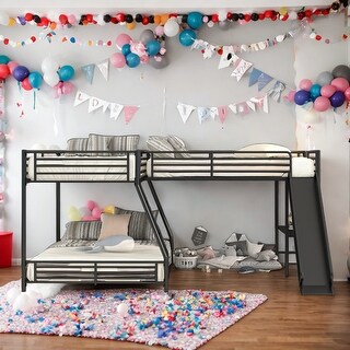 L-Shaped Twin over Full Bunk Bed with Twin Size Loft Bed,Built-in Desk&Slide,Space-Saving Loft Bed for 3,Easy Assembly,Black