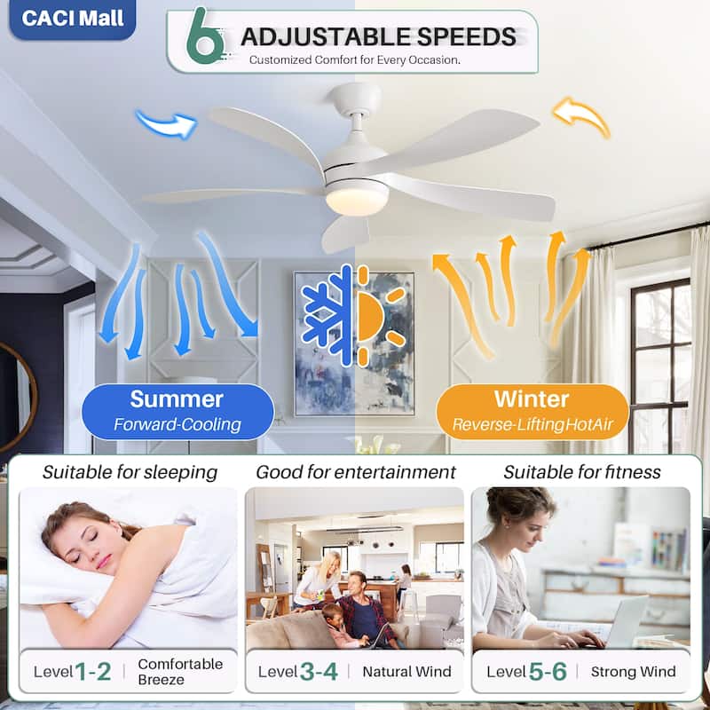 45 Inch / 52 Inch White Ceiling Fan with Dimmable LED Light and Remote, 6-Speed Reversible DC Motor, ABS Blades