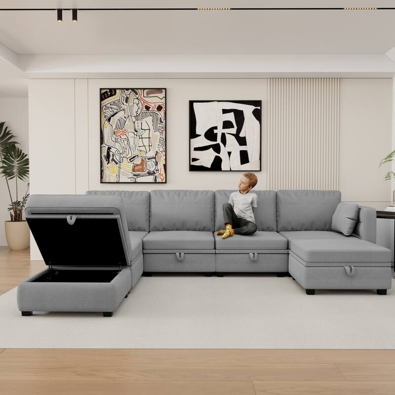 6-Seat U-Shaped Modular Reversible Sectional Sofa with Storage Ottoman