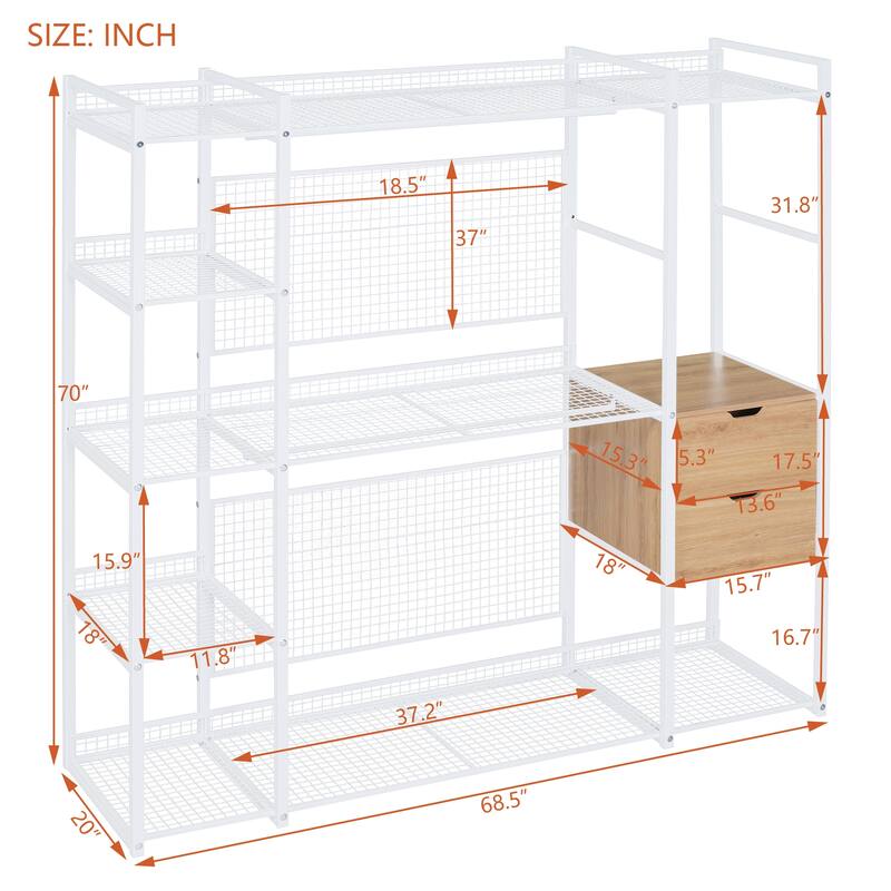 Open-Style Wardrobe with Hanging Rails, Shelves and Drawers - N/A