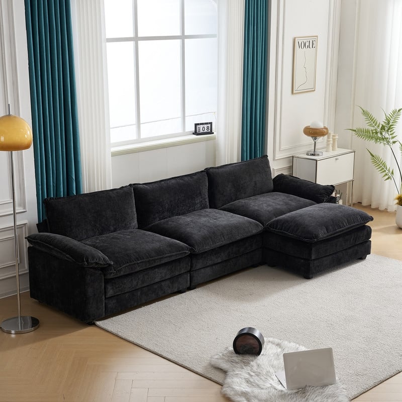Double Layer Cushion Cloud Couch, Moludar Sofa With Reversible Ottoman For Living Room - Black Chenille - Reversible