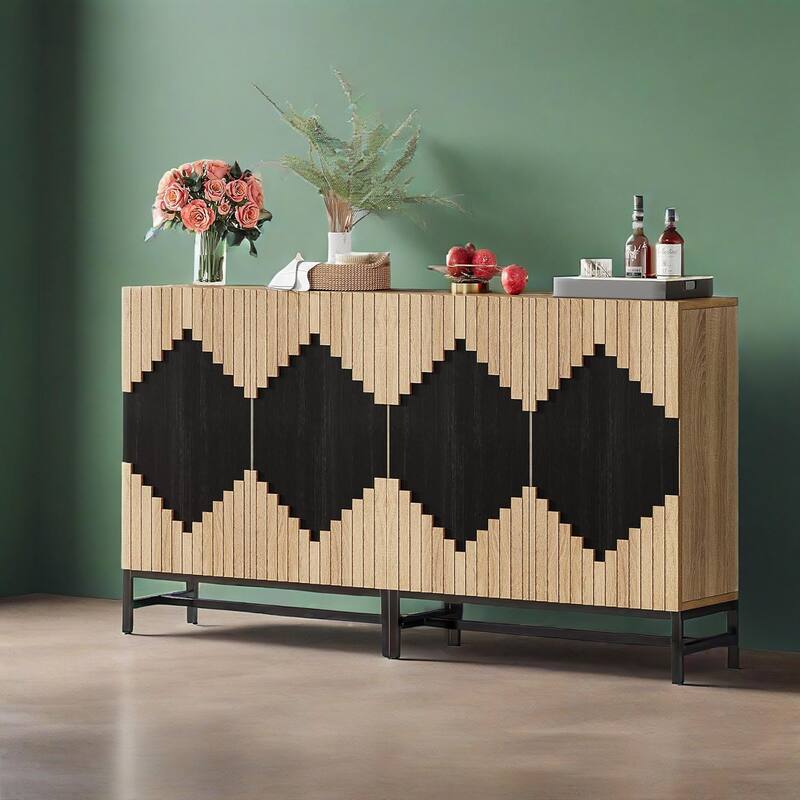 Farmhouse Buffet Sideboard Cabinet with Shelves Geometric Two-Tone Doors Storage TV Stand for Kitchen Dining Living Room