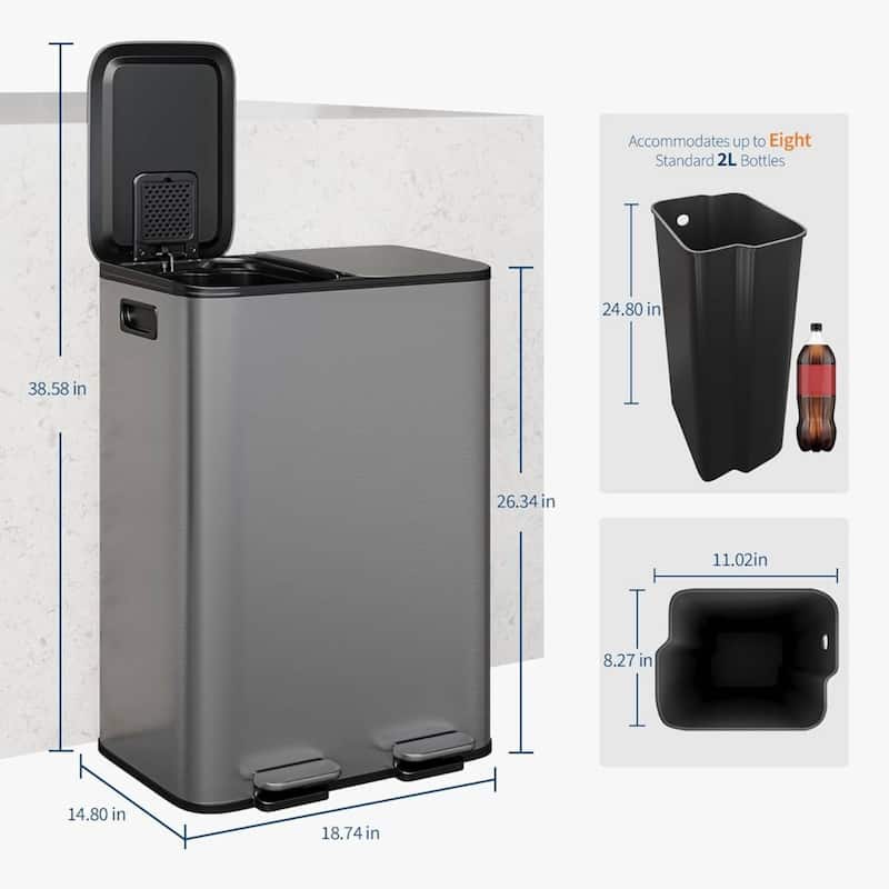2 x 8 Gal Double Trash Can, Stainless Steel Dual Compartment Step-On Trash Can for Kitchen