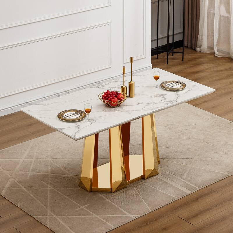 70'' Rectangle Faux Marble Dining Table with Mirrored Finish Stainless Steel Base - Gold+White