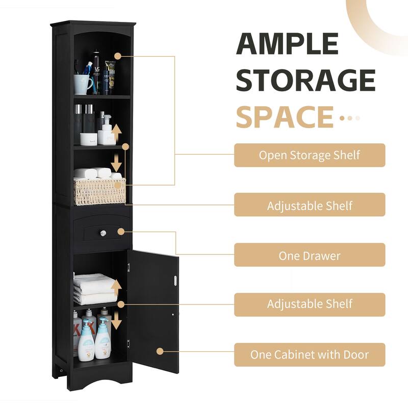 Bathroom Storage Cabinet with Drawer, Open Shelves and Adjustable Shelf, Tall Cabinet with Curved Line Top and Bottom Pane