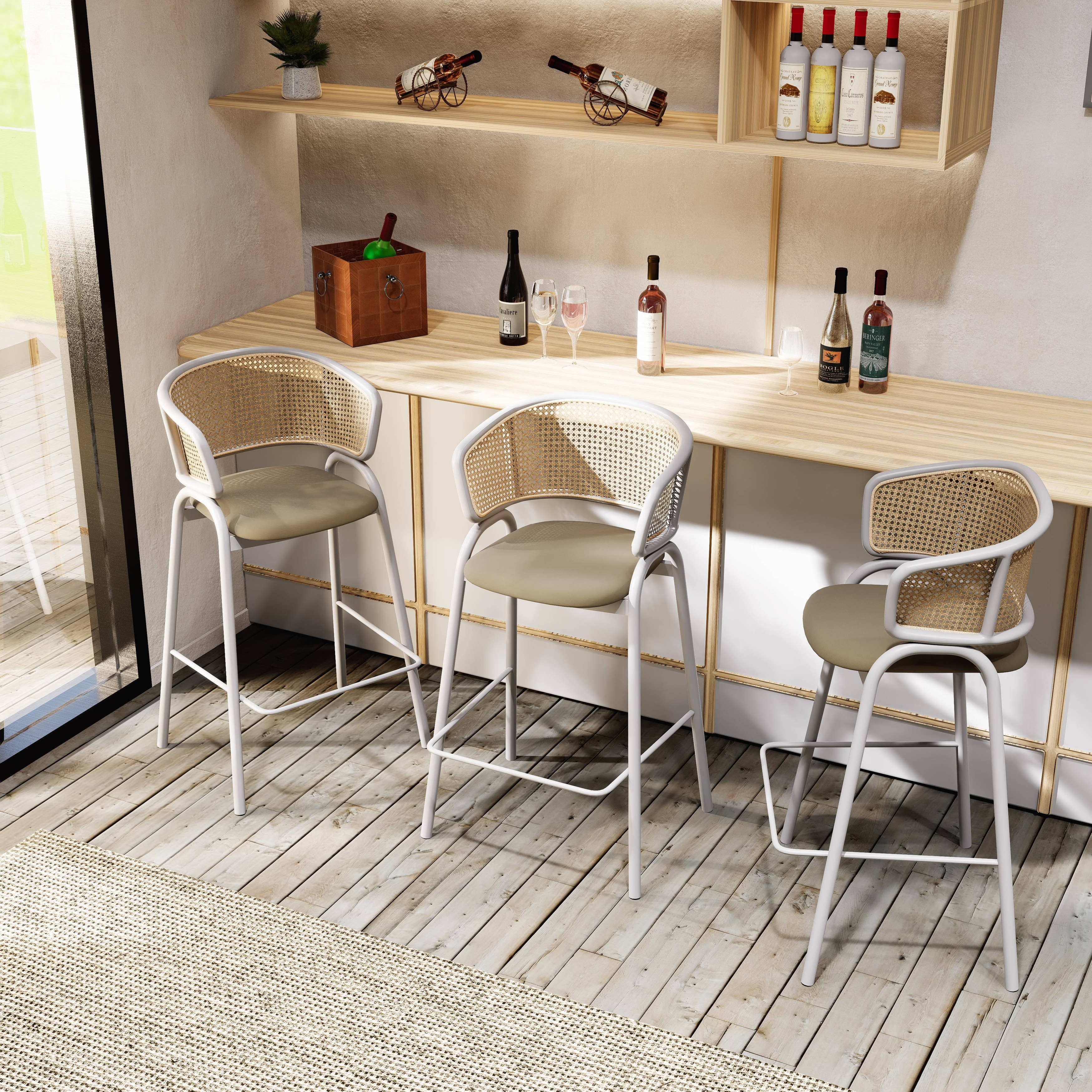 Ervilla Modern Leather Bar Stool with Curved Wicker Back & White Powder-Coated Finish Frame for Home Dining Room (Set of 2)