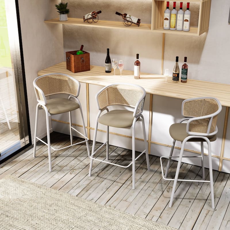 LeisureMod Ervilla Modern Wicker Leather Bar Stool with Curved Back & White Stainless Steel Frame for Home & Kitchen
