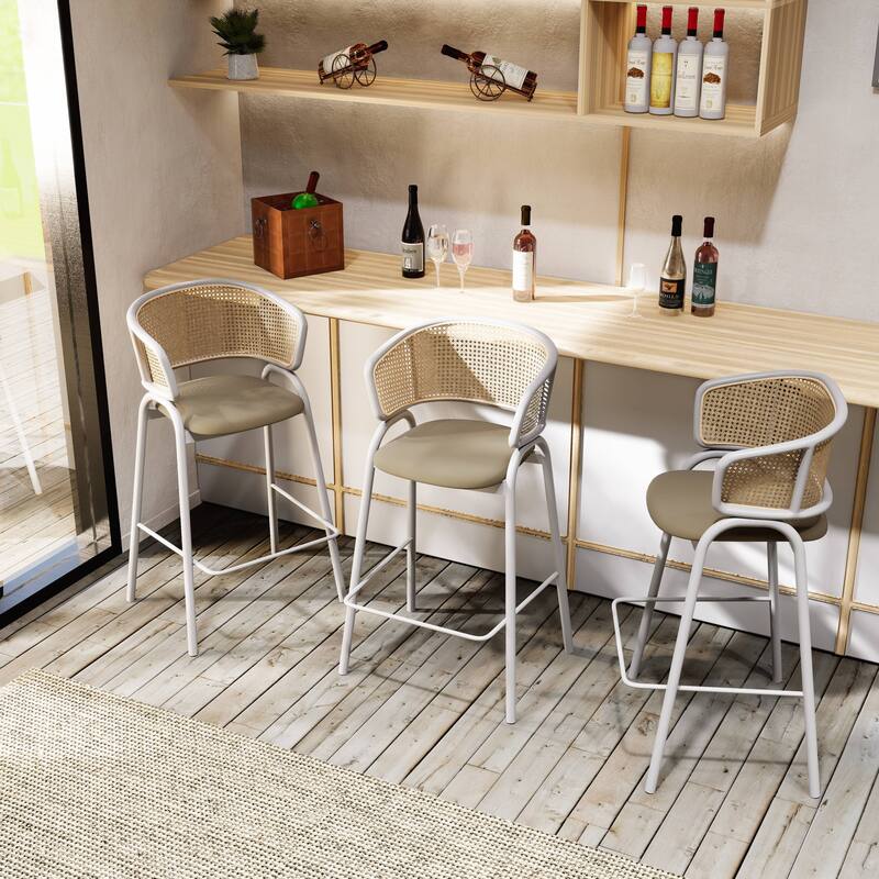 LeisureMod Ervilla Set of 2 Modern Wicker Leather Bar Stool with Curved Back & White Steel Frame for Home Office Dining Room