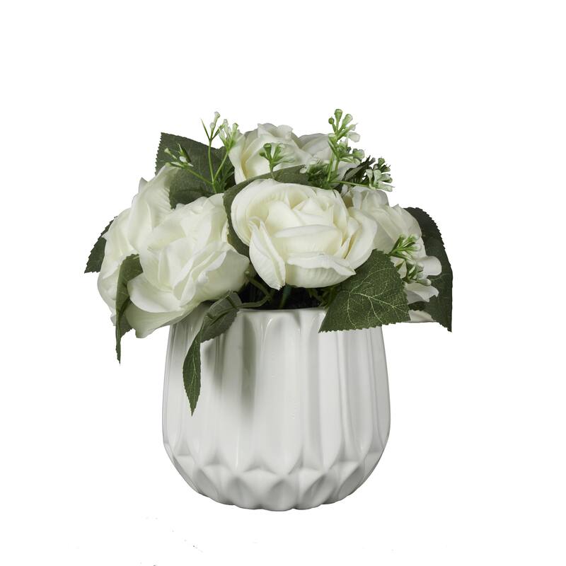White Fabric Artificial Flower with Green Leaves and Round Ceramic Vase