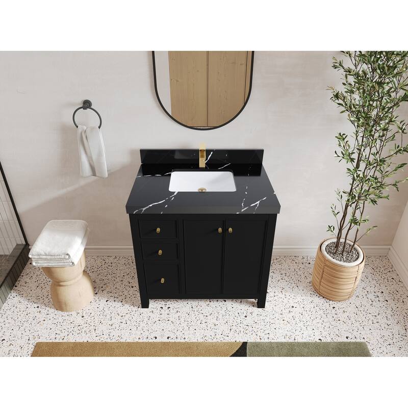 Willow Collections 36 in. W x 22 in. D Chicago Center Sink Right Bathroom Vanity with Countertop - 2"Calacatta Black - Black