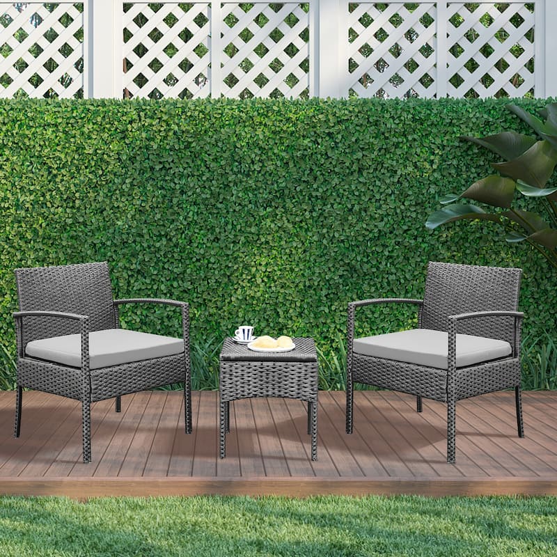 Outdoor Furniture 3 Piece Patio Bistro Furniture Set, Rattan Conversation Chairs Set with Side Table and Cushions