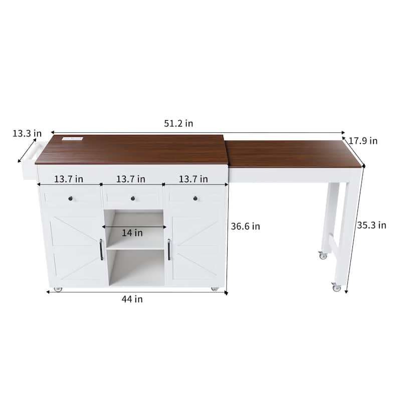 74.8"Kitchen Island with Extendable Dining Table & Power Outlet-Rolling Storage Cart on Wheels with 3 Drawers & 2 Door Cabinet
