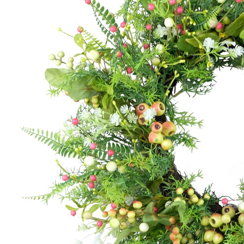 Fern and Berry Artificial Spring Floral Wreath - 26" - Green and Pink