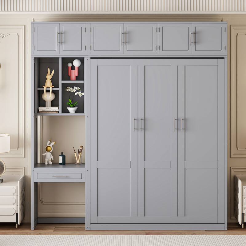 Gray Queen Size Murphy Bed with Built-In Desk, Storage Shelves, and Top Cabinets, Space-Saving Design - Gray - Queen