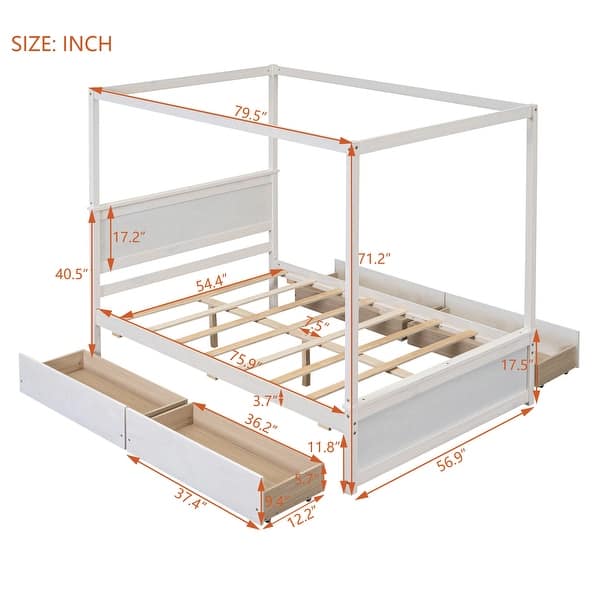 dimension image slide 1 of 3, Full Size Canopy Platform Bed with 4 Drawers & Support Slats