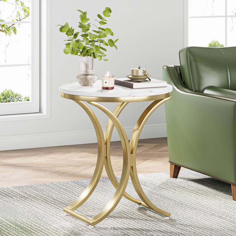 White Gold Side Table Round End Table Modern Small Coffee Table Accent C Table - Faux Marble White+Gold