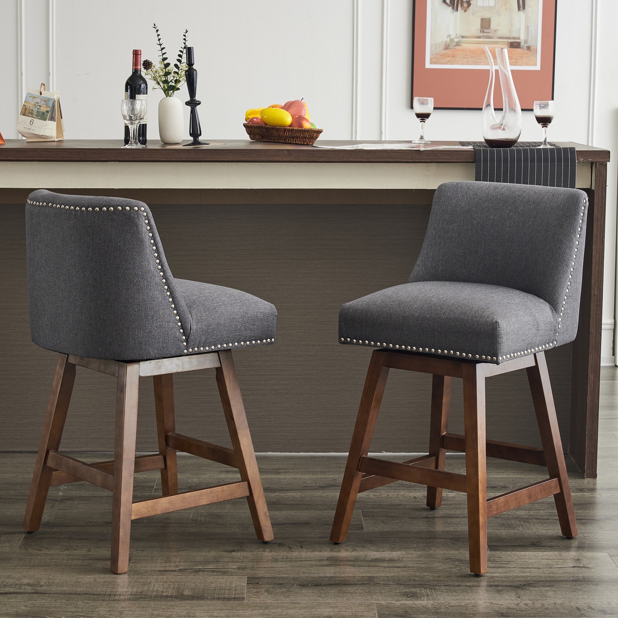 26 in Modern Upholstered Swivel Fabric High Back Bar Stools Set of