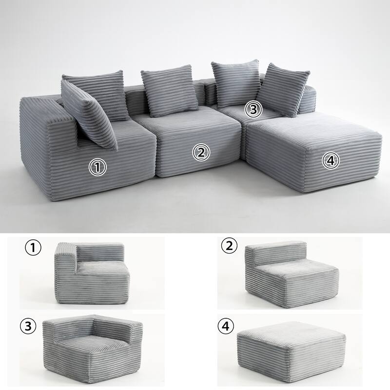Grey Corduroy Modular Sectional Sofa 4 Seat Magic Cube Design 107" Wide No Assembly Required Compressed Foam Cushions