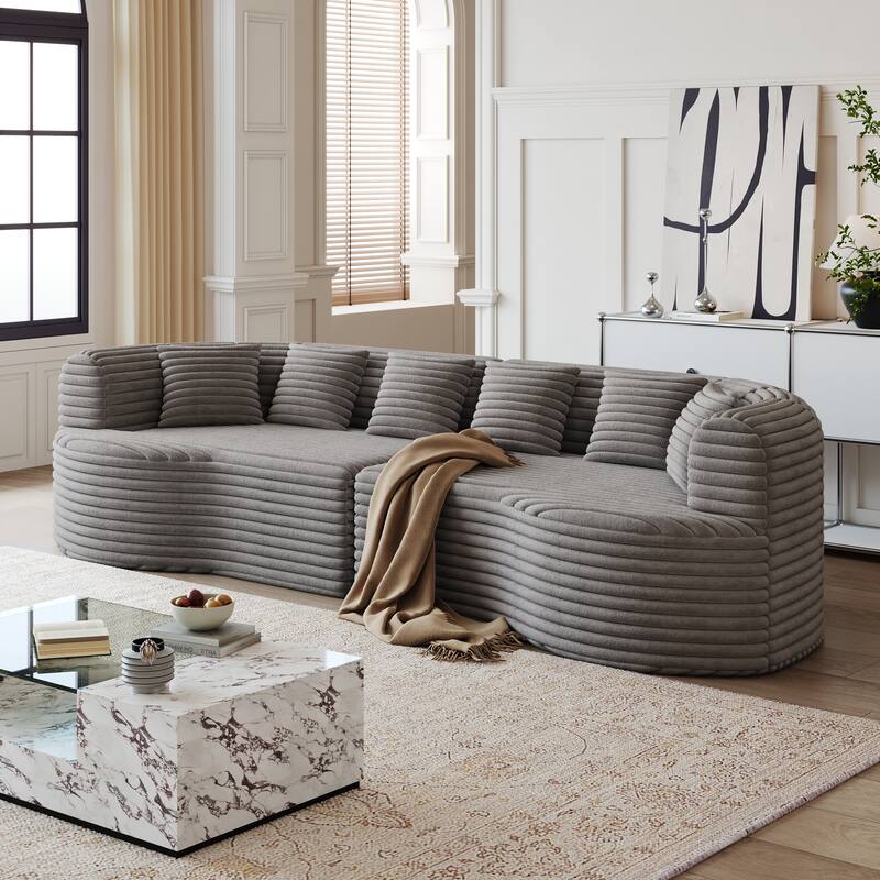 Corduroy Curved Chaise Sectional Sofa with Deep Seating and 6 Pillows