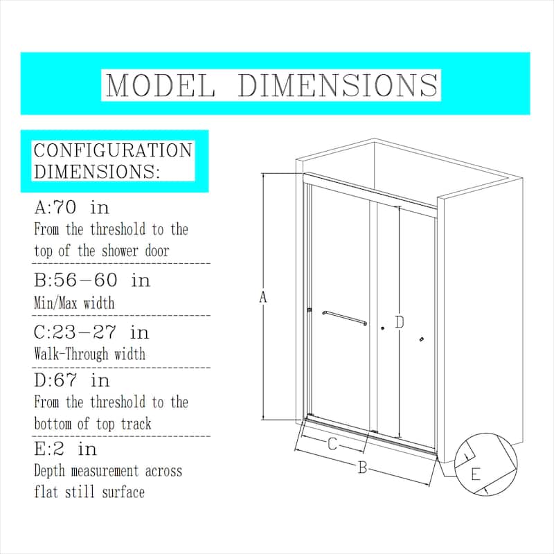 60''W Semi-Frameless 1/4'' Glass Double Sliding Shower Door in Black/Chrome for Bathroom - 60'' x 70'' - Chrome