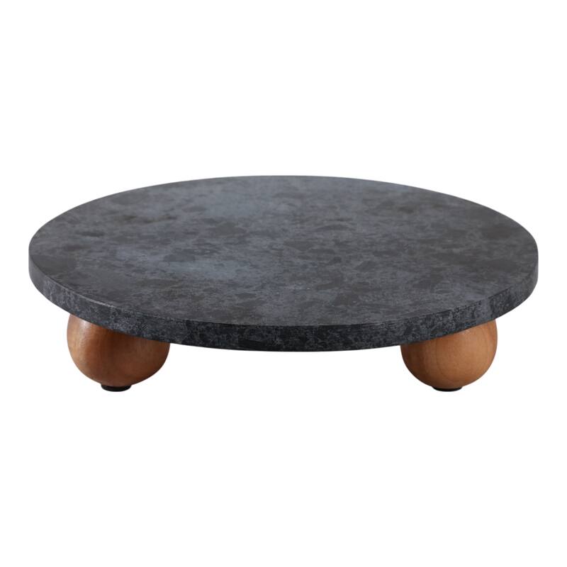 Marble Wood Round Decorative Tray with Modern Leg Detail - 3" Black - 10.0"