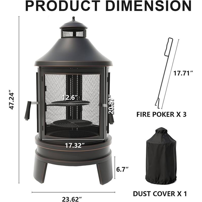 Kullavik Outdoor Metal Chiminea Wood Burning Fire Pit with 3 Door and Adjustable Grill
