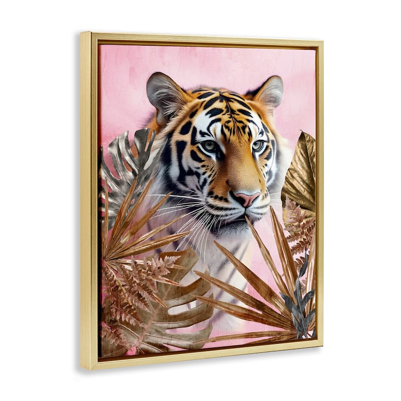 Stupell Exotic Tiger with Gold Leaves Framed Floater Canvas Wall Art Design By Kim Allen