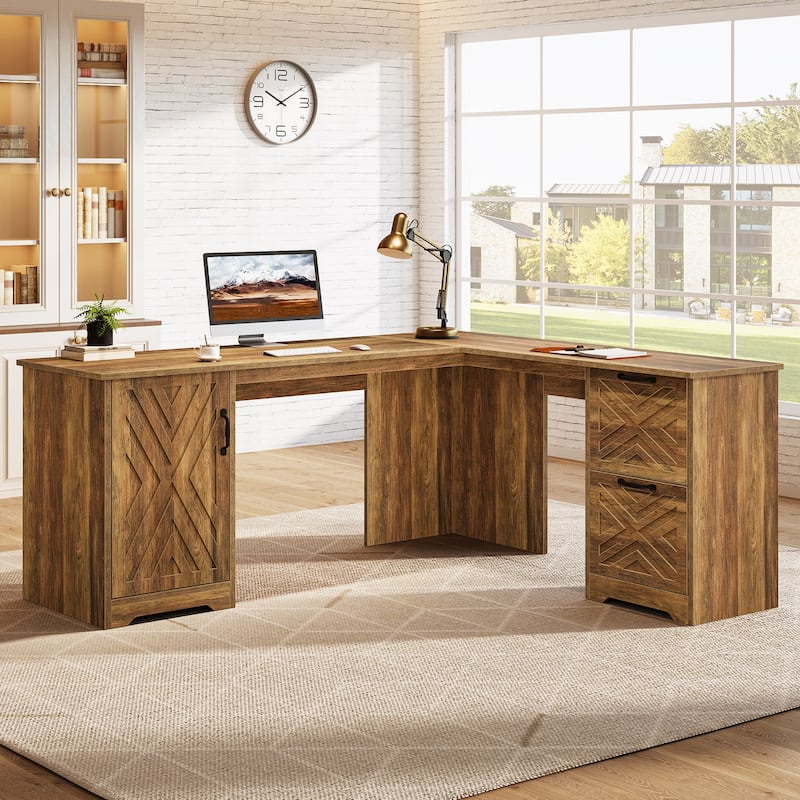 Farmhouse L Shaped Desk with Drawers, 63 Inch Large Executive Home Office Desk