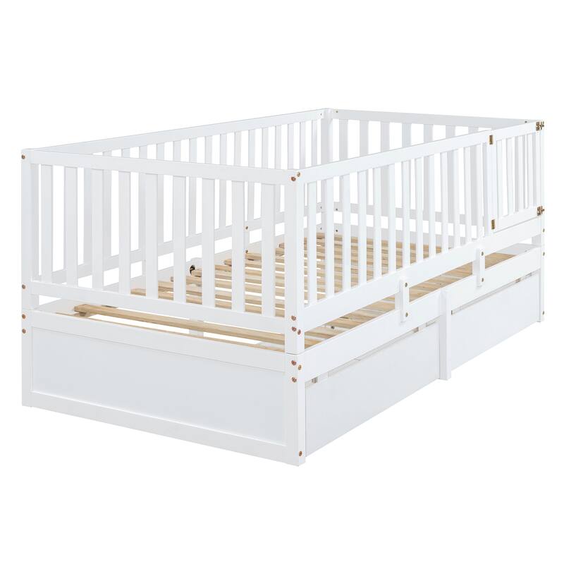 Wood Daybed with Fence Guardrails and 2 Drawers