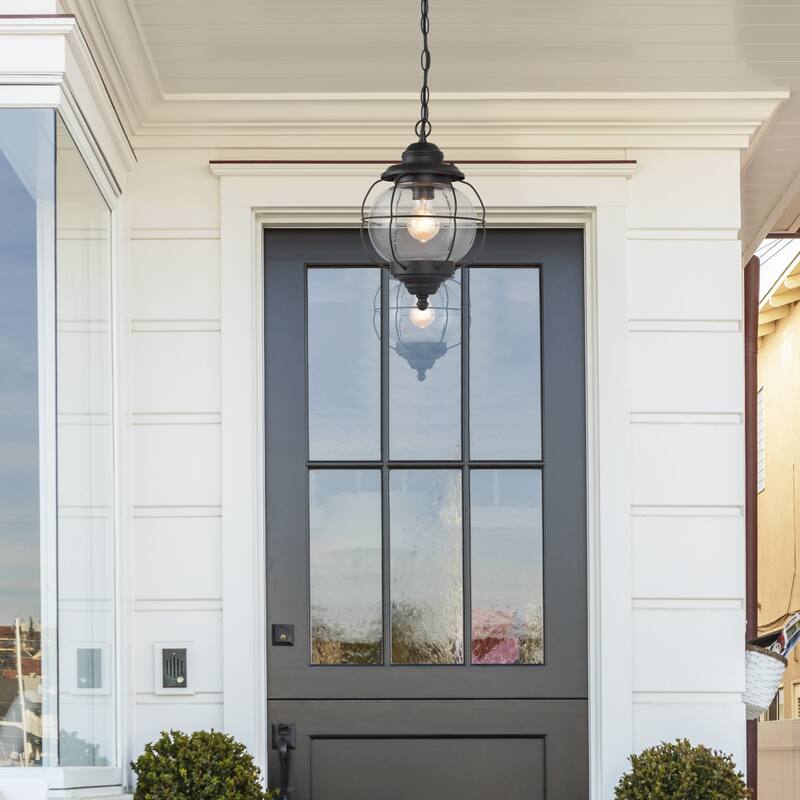 Modern Farmhouse Black 1-Light Outdoor Pendant Light Glass Patio Lantern Lamp - D10" X H12"