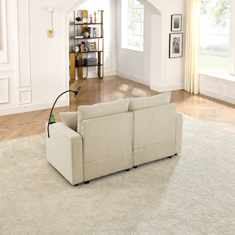 Corduroy Deep Seat Loveseat Sofa, Upholstered Couch Settee with Storage, 2 Seater Sofa with Cup Holders and Phone Holder