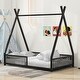 preview thumbnail 1 of 10, Metal Twin Size House Platform Bed with Triangle Structure, Contemporary Style Kids Bed Frame with Guardrail for Bedroom, Black Black