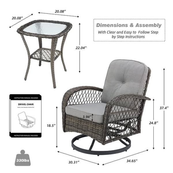 dimension image slide 2 of 5, EROMMY Outdoor 3 Pieces Swivel Rocker Patio Chair Sets with Glass Table, All-Weather Wicker & Thickened Cushions for Backyard