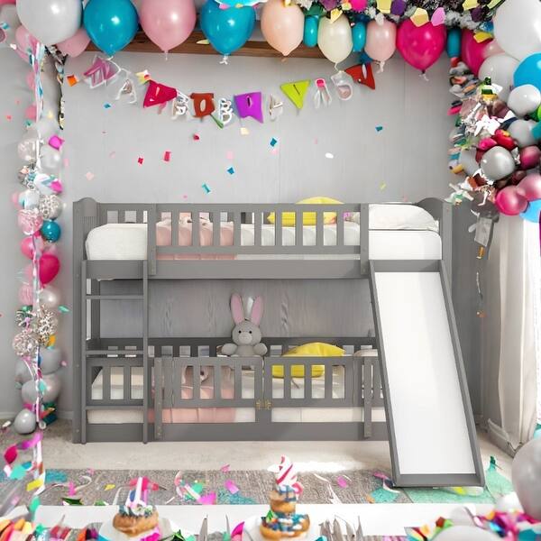 slide 2 of 15, Twin Over Twin Low Bunk Bed with Slide, with Fence and Ladder for Toddler Kids Teens Grey