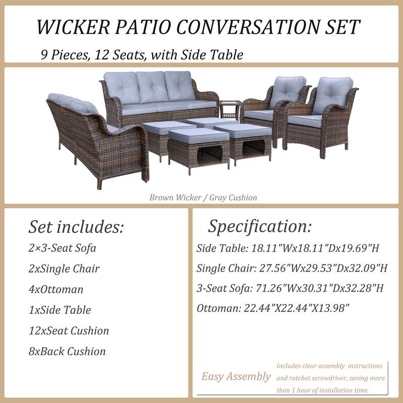 9 Piece Wicker Outdoor Patio Furniture Seating Sofa Conversation Sets