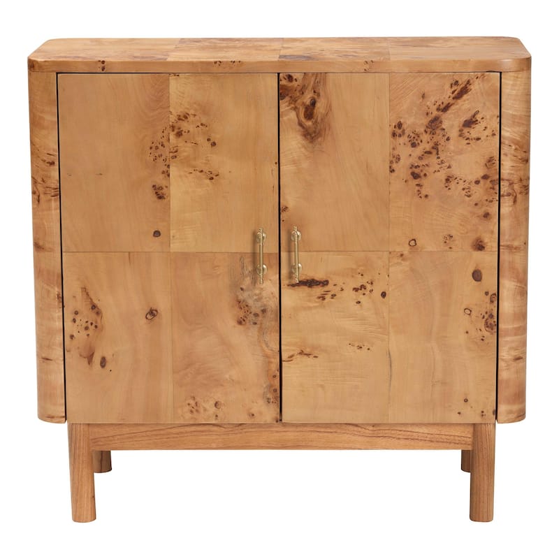 Latika Real Burl Wood Storage Cabinet in Dark Walnut Brown - Modern Accent Cupboard with Double Doors and Brass Handles