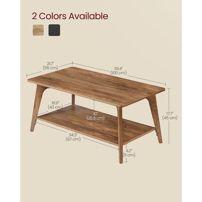 Wooden 2 Tier Coffee Table with Storage Shelf and Rounded Corners - 21.7"D x 39.4"W x 17.7"H