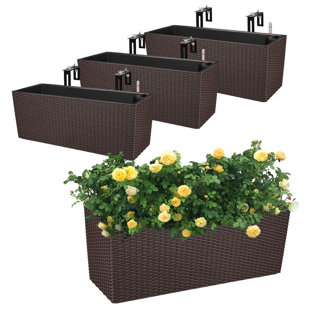 Aoodor 4 PCS Rectangular Window/Railing Planter Box with Adjustable Brackets and Self Watering System