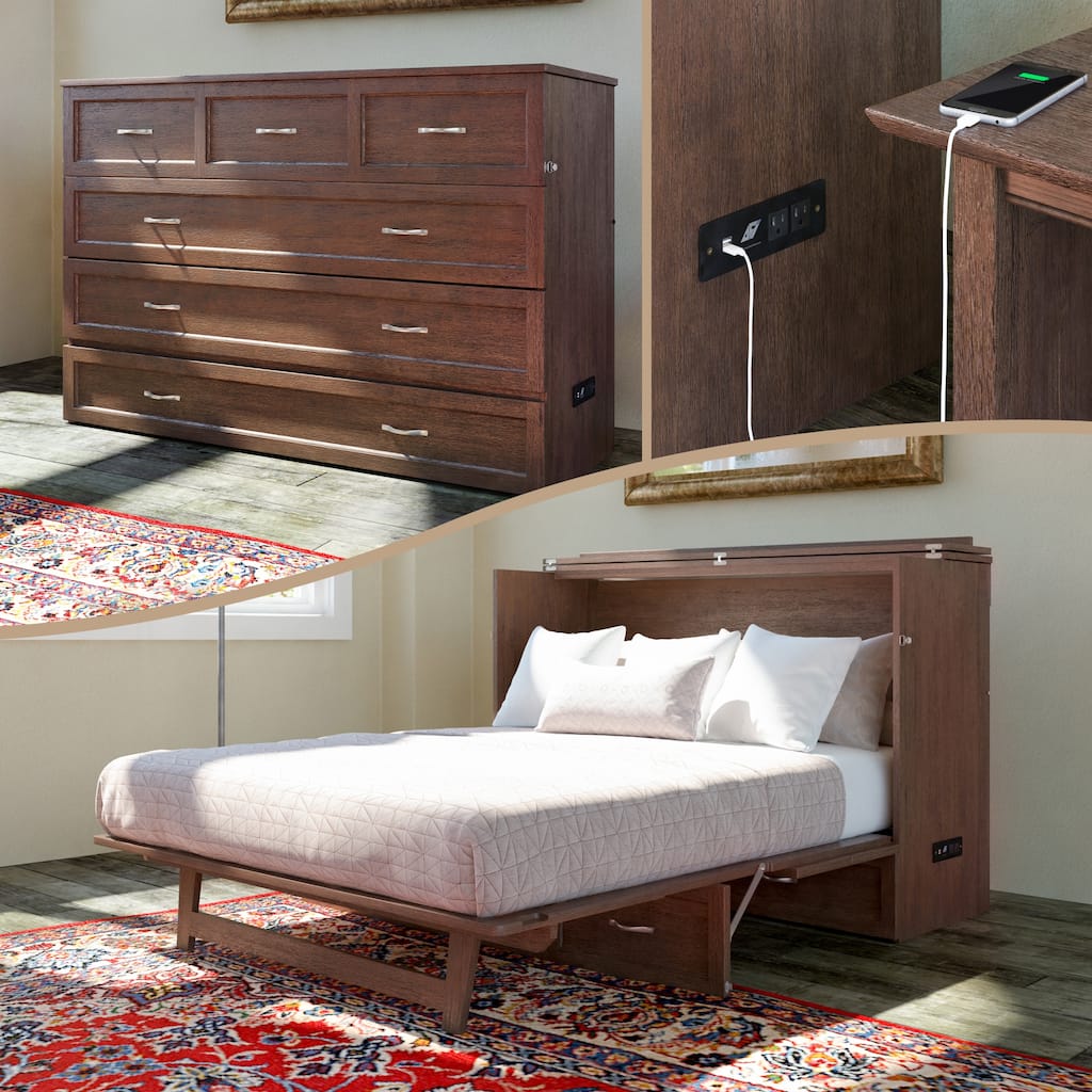 Deerfield Queen Murphy Bed Chest with 6" Mattress, Storage Drawer & Built-In Charger in Burnt Amber