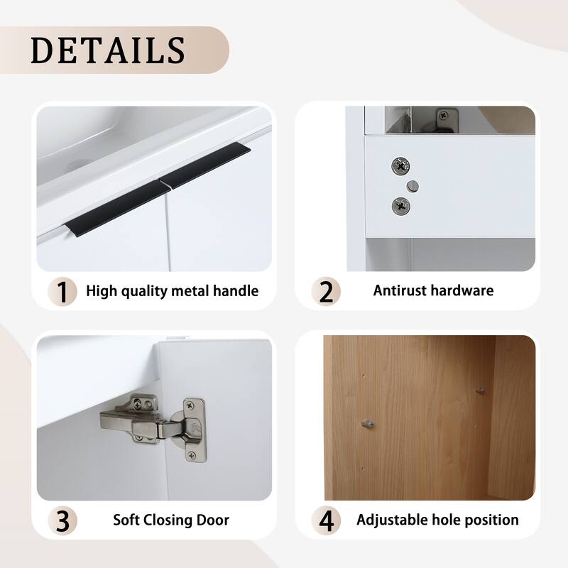 Wall-Mounted Vanity with Double Ceramic Basins, Soft-Close Doors, Metal Handles, and Ample Storage Space - 59.6in L Plywood