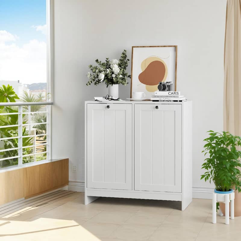 Roomfitters Modern Tilt Out Laundry Hamper Cabinet, Double Hidden Storage Organizer with Open Shelf for Bathroom, White