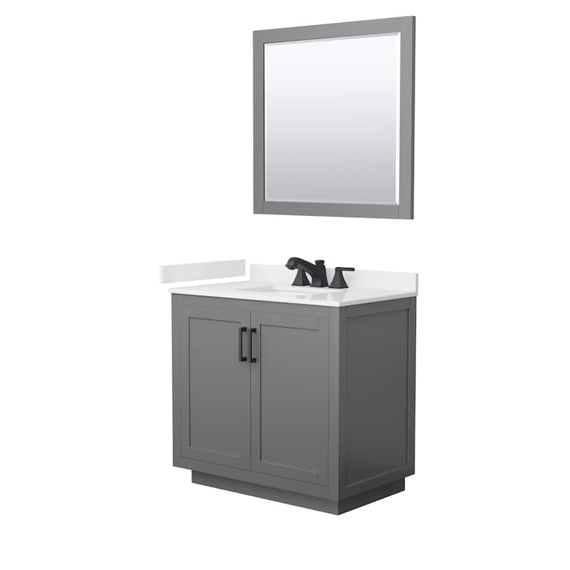 Miranda 36-inch Single Vanity, Quartz Top, 34-inch Mirror - Dark Gray, Black Trim, White Quartz Top